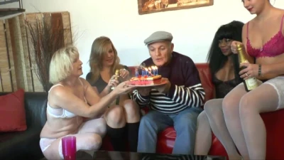 The Grandfather Celebrates with four Beautiful Sluts who get Fucked as he wants